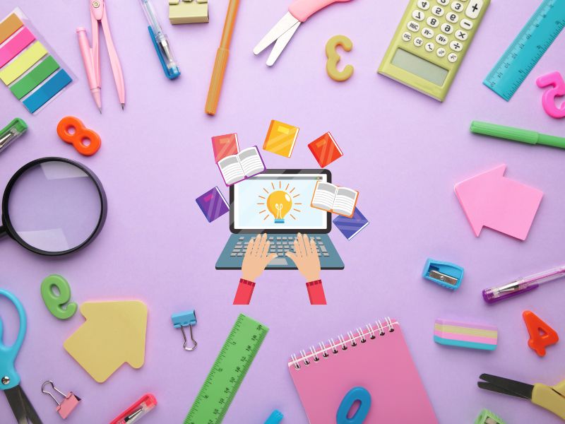 Školski i kancelarijski pribor u raznim bojama raspoređen na ljubičastoj podlozi sa ilustracijom laptopa i sijalice kao simbola kreativnosti.