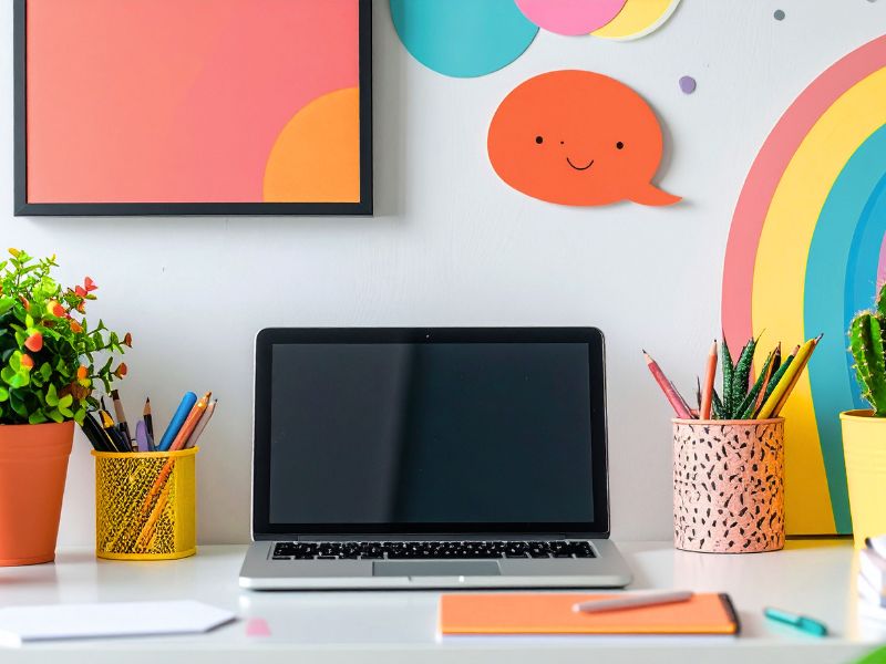 Šarene boje u radnom prostoru na stolu i zidu, sa lap topom i ostalim kancelarijskim priborom.