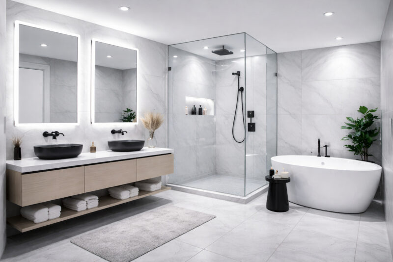 Savremeno kupatilo sa hladnim belim LED osvetljenjem, tuš kabinom i samostojećom kadom